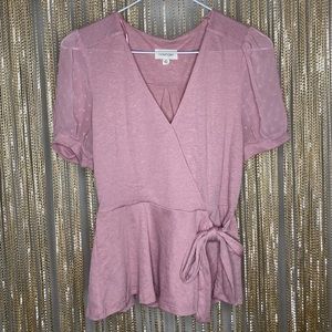NWOT pink peplum wrap top with bow and puff sleeve sheer polka dot short sleeves